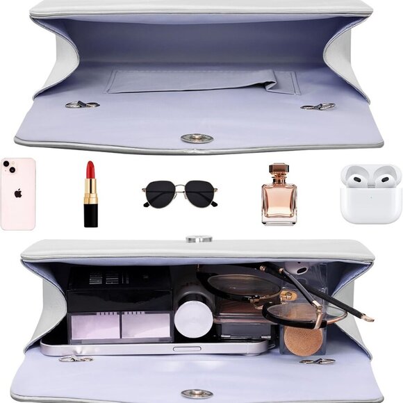 Evening Bag Clutch Purse for Women, Silver Formal Handbag with Crossbody Chain, - Picture 5 of 7